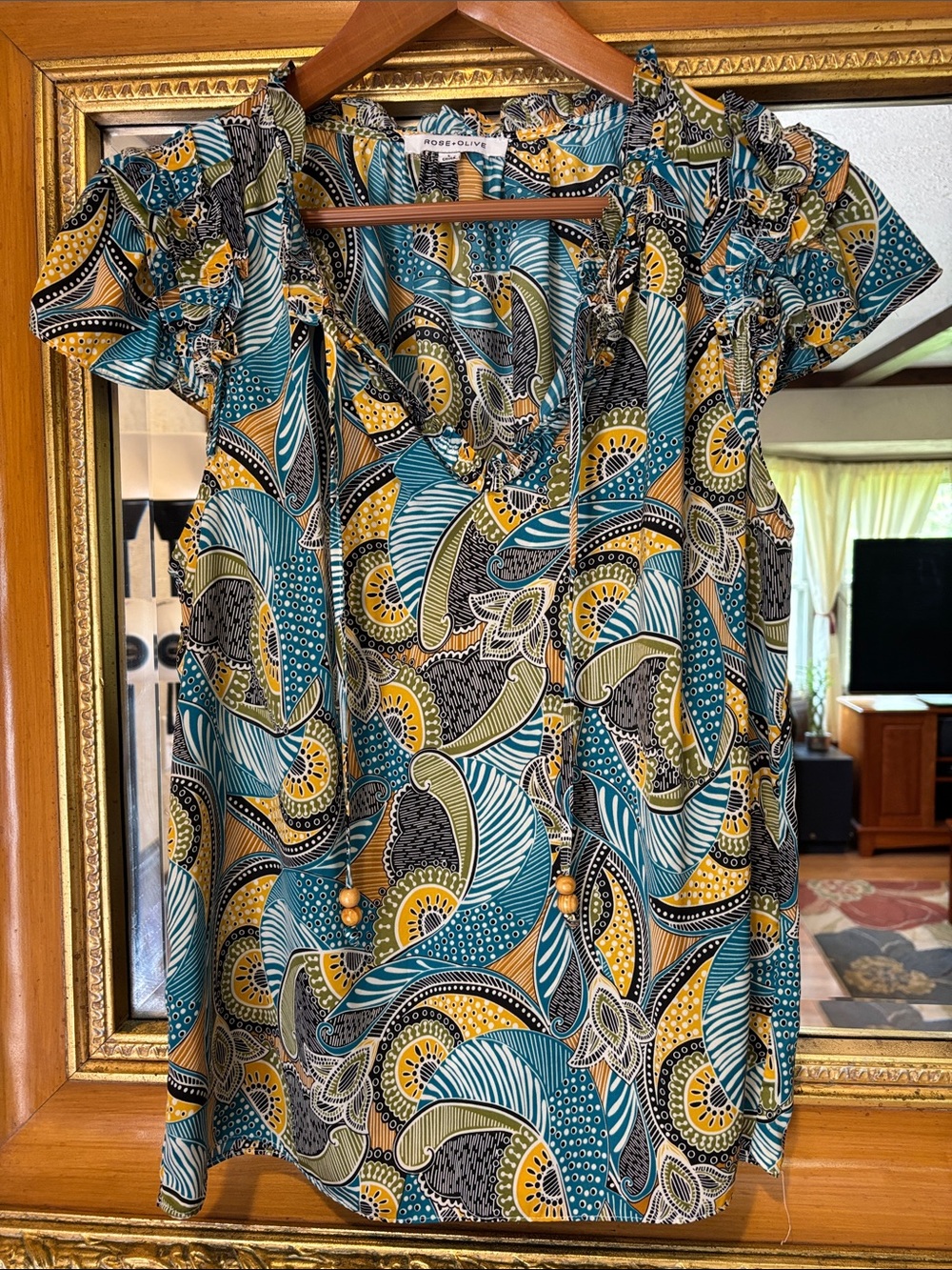 Rose + Olive Blue & Green Patterned Dressy Tank - Size L